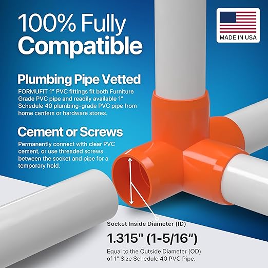FORMUFIT 1” 4-Way Tee Furniture Grade PVC Fitting in Orange, Made in USA, UV-Resistant, Impact-Proof, 1.315” Actual Socket Diameter (Pack of 4) - F0014WT-OR-4