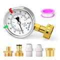 MEANLIN MEASURE 0~100Psi Stainless Steel Frame 3/4" Female Liquid Filled Pressure Gauge kit Plus 5 adapters, 2.5" FACE DIAL Multi-Purpose Pressure Gauge kit for Gardens, Water Pipes with 2PCS Snaps