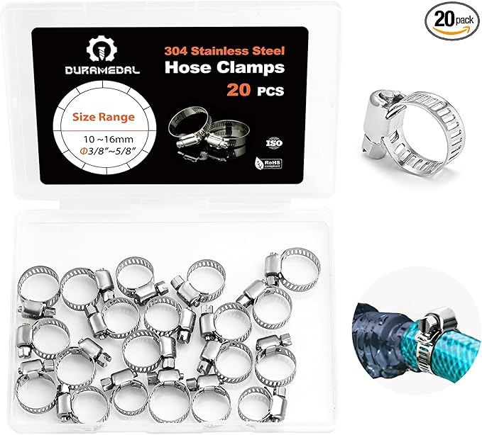 20 PCS Hose Clamp 3/8''–5/8'' Stainless Steel Hose Clamps Assortment Kit stainless steel hose clamps for Fuel Line, Plumbing, Automotive, Mechanical Applications, Tube, Garden