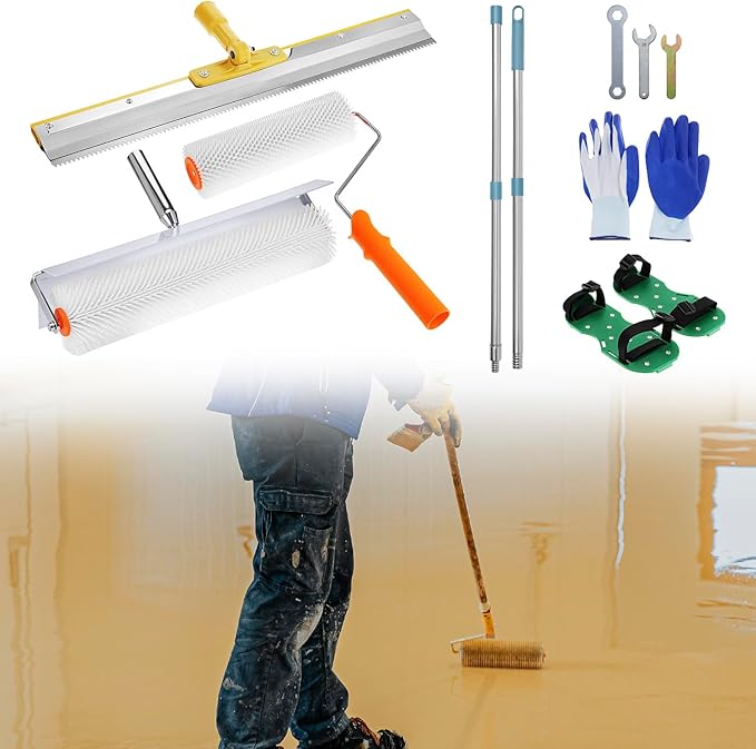 Self Leveling Tools Kit, Includes Spiked Roller, Rake Scraper, Spike Shoes, and Extension Pole for Concrete Floor and Epoxy Applications, Spiked Roller 20 inch 9 inch