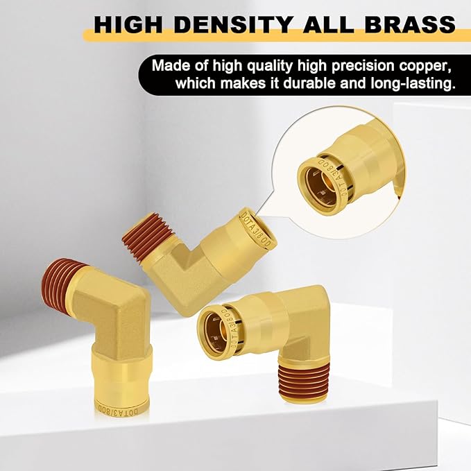 Siptenk 3/8" Elbow DOT Brass Push to Connect Air Line Fittings 5 PCS, 3/8" OD Tube x 1/4" NPT Thread Air Brake Line Quick Connect Fittings for Truck Trailers Industry Air System