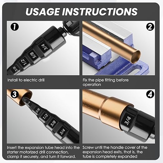 7 Sets HVAC Copper Tube Flaring Tool Drill Bit Set, Swaging Tube Repair 5 in 1 Air Conditioner Copper Pipe Expander Flaring Swaging Drill Set with 1/4'', 3/8'', 1/2'', 5/8'', 3/4'', 7/8' Bits, Black