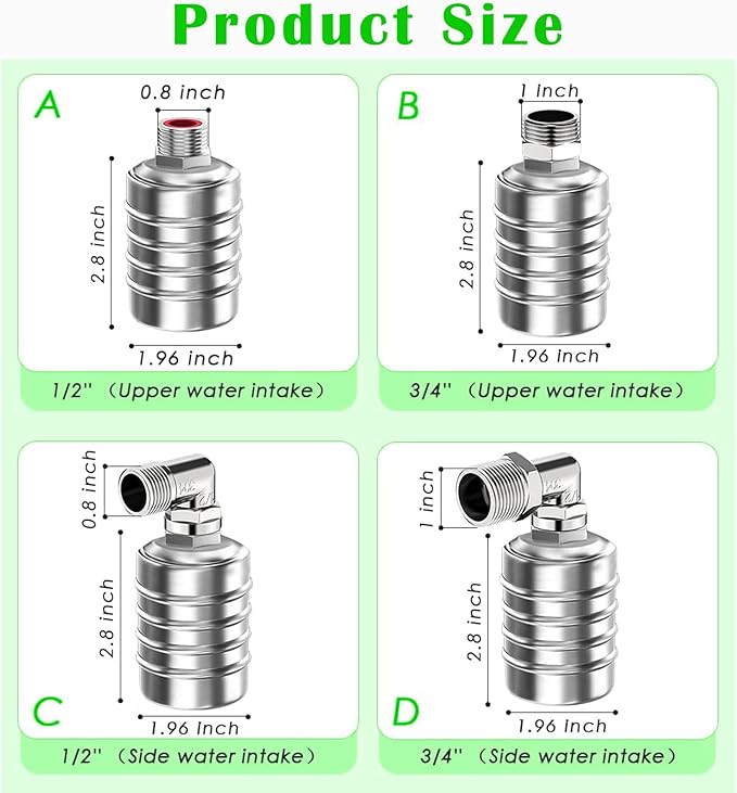 Auto Water Level Control Float Valve 1/2" 3/4" - 304 Stainless Steel, No Pump Needed for Water Tanks, Fish Ponds, Livestock Troughs, Hydroponics, Pool (Top/Side Entry, High Pressure)