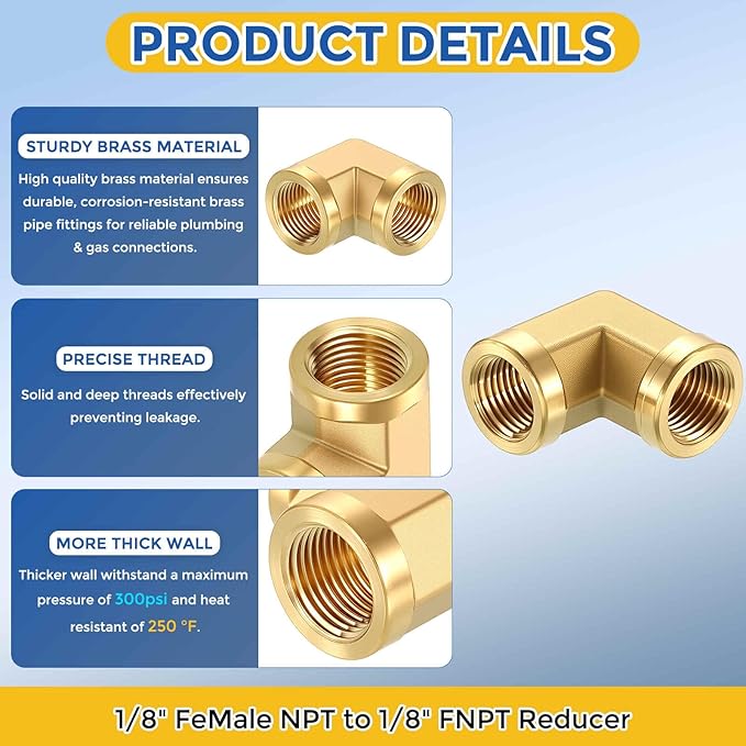 5 Pack Brass Pipe Fittings, 90 Degree 1/8" FeMale NPT to 1/8" FeMale NPT Barstock Street Elbow with Sealing Tape, Forged Pipe Fitting Connector for Air, Oil, LP