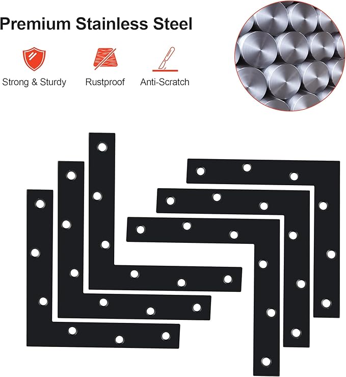SAYAYO L Brace, 120x120mm / 5" x 5" Metal L Mending Plate L Flat Plate Bracket Stainless Steel Right Angle Corner Brace for Wood Matte Black (6 PCS )