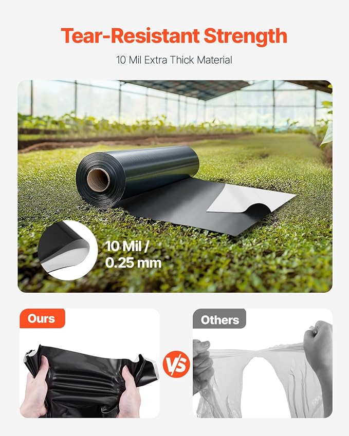 VEVOR 10 Mil Plastic Sheeting Heavy Duty 10' x 65', Thick Plastic Sheeting Roll, Plastic Drop Cloth Painters Tarp Covering for Crawl Space Vapor Barrier, Black and White Double-Sided, Multi-Purpose