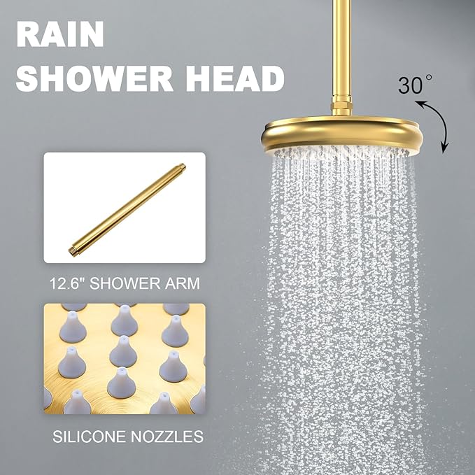 Enga Antique Shower Faucet Sets Dual Heads with 4 Body Jets, 8" + 6" Ceiling & Wall Mount Vintage Shower Head with Handheld Spray Combo, 4 Way Diverter Brass Valve, Brushed Gold