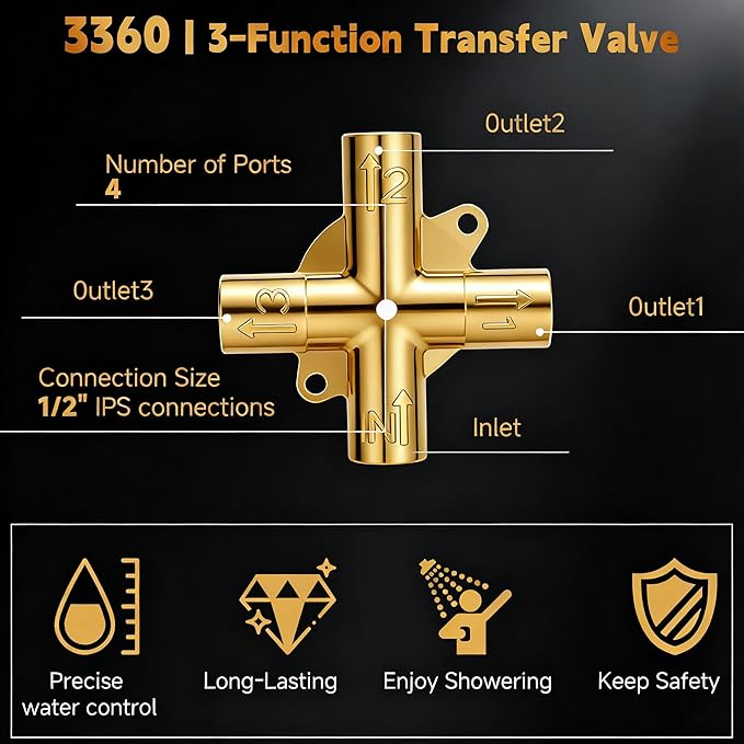 3 Way Shower Diverter Valve Replace for Moen 3360, 3360 Shower Diverter Valve for Bath, Standard 1/2" CC Connection, Brass Construction, 4 Inlet Design, Hot/Cold Water Inlets, Tub/Shower Outlet
