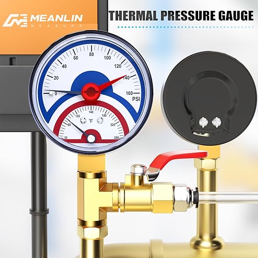 MEANLIN MEASURE 0-160Psi Thermal Pressure Gauge,0-250℉ 1/4" NPT 2.5" FACE DIAL, Boiler Temperature Pressure Gauge with Reset Pointer, with 1/2" NPT and 3/8" NPT Hex Bushing, Lower Mount