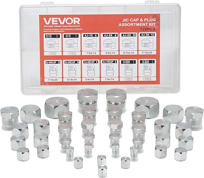 VEVOR 72 PCS JIC Hydraulic Fittings, Heavy Duty Master Industrial Hydraulic Cap and Plug, Hose Tube and Pipe Fitting Kit Cap and Plug Kit Precision Threading in 37° Dash Sizes 4 6 8 10 12 16