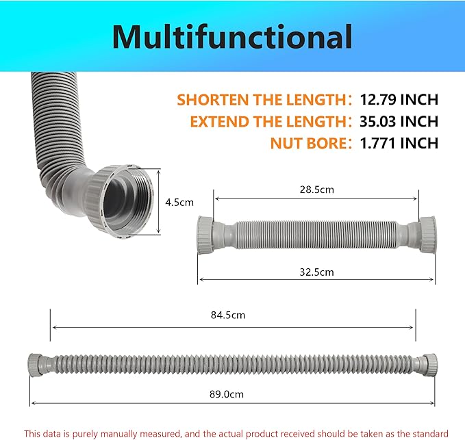 Sink Drain Pipe Kit, 2 Pack Flexible Drain Pipe P Trap, 12.79"-35.03" Flexible P Trap, Under Sink Plumbing for Bathroom & Kitchen, 1-1/4" Adapter Included
