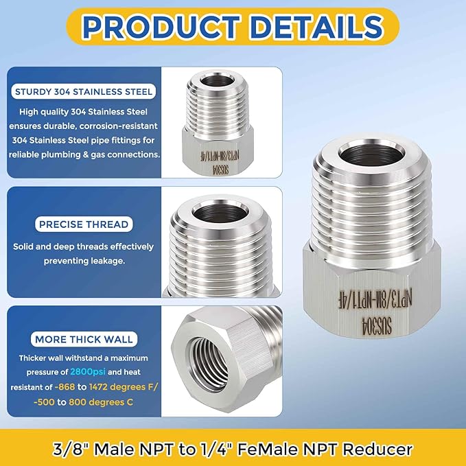 2 Pack 304 Stainless Steel Pipe Fittings, 3/8" MNPT to 1/4" FNPT Hex Bushing Reducer, Hose Tube Threaded Adapters for Air, Oil, LP, Gas