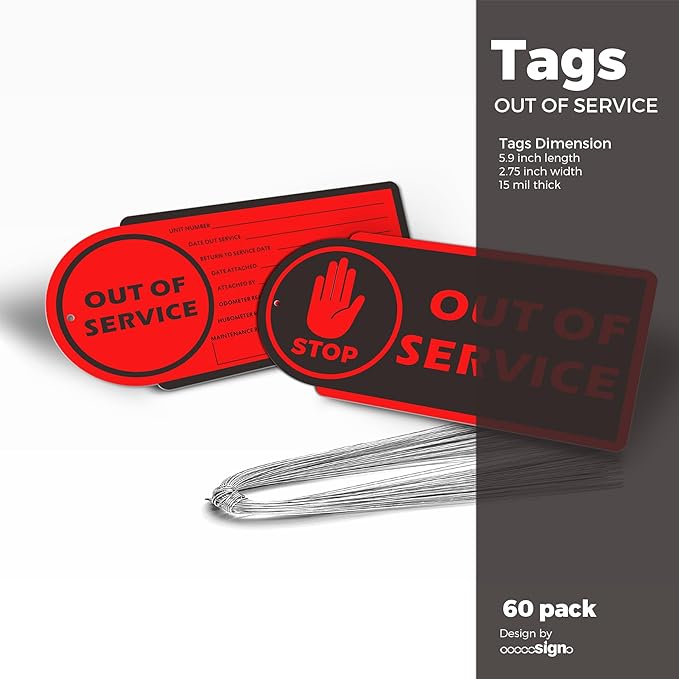 Out of Service Tags, 60 Pack Plastic Out of Service Tags with Wire for Maintenance Required, Red Equipment Repair Tags Waterproof, Equipment Maintenance Tag
