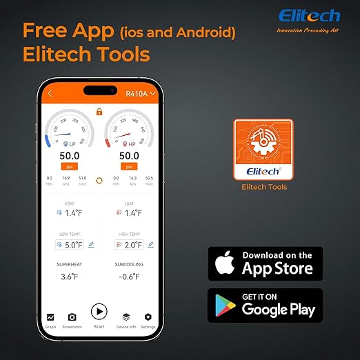 Elitech PT-800Pro Digital Pressure Gauge – High Pressure HVAC Refrigeration Manifold Gauge with Bluetooth, Temperature Clamp, and Leak Detection