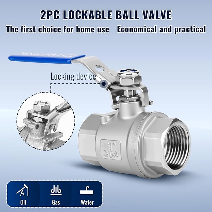 2 Pack 1 inch Ball Valves NPT Female 304 Stainless Steel Full Port Locking Ball Valve Handle, Heavy Duty Shut Off Valve for Home and Industrial (1 Inch)