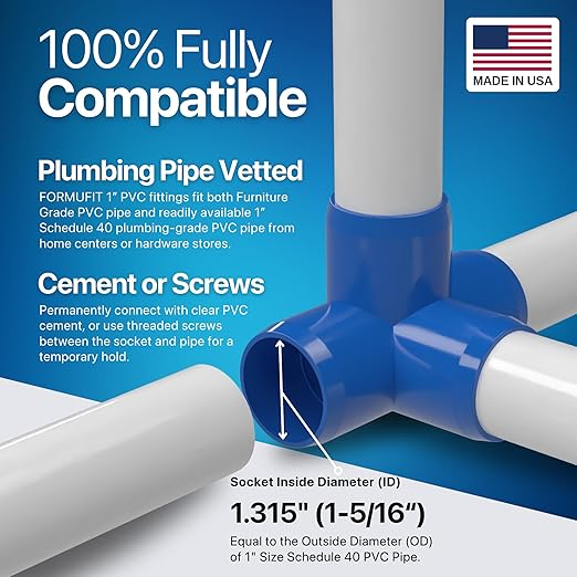 FORMUFIT 1” 4-Way Tee Furniture Grade PVC Fitting in Blue, Made in USA, UV-Resistant, Impact-Proof, 1.315” Actual Socket Diameter (Pack of 4) - F0014WT-BL-4