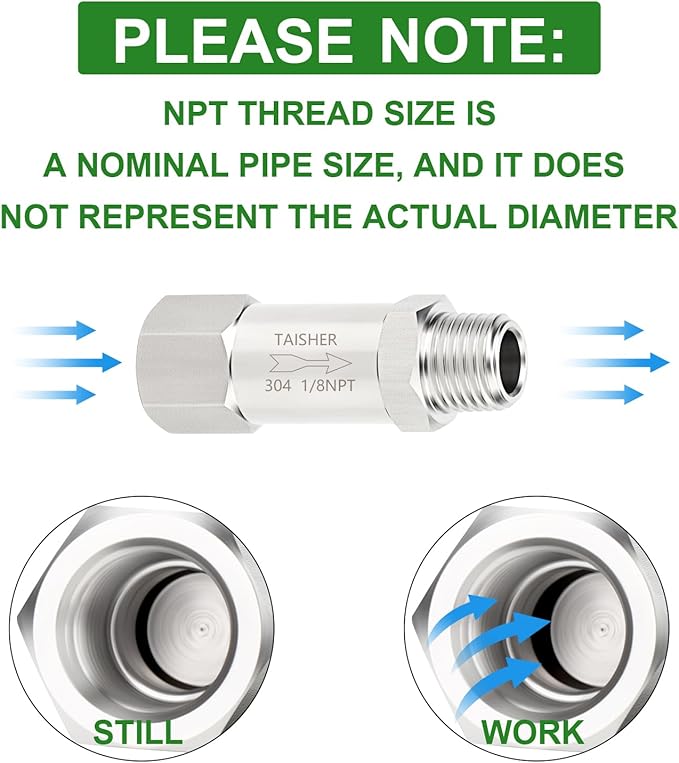 TAISHER 1PCS 304 Stainless Steel 1/8" NPT Male x 1/8" NPT Female Check Valve,Backflow Prevention,One Way Non-Return Check Valves