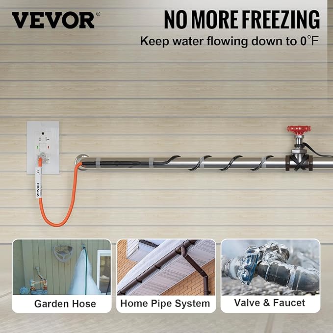 VEVOR Self-Regulating Pipe Heating Cable, 100-feet 5W/ft Heat Tape for Pipes Freeze Protection, Protects PVC Hose, Metal and Plastic Pipe from Freezing, 120V