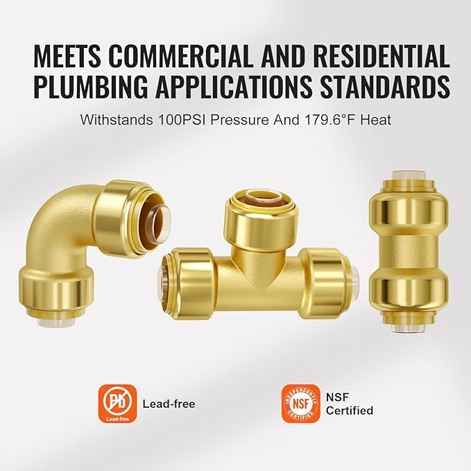 VEVOR Pipe Fittings, 1/2" 25PCS (10xStraight, 10xElbows, 5xTees) Brass Pipe Fittings, Push-Fit Pipe Connector Brass Air Fittings, Plumbing Fittings Adapter for Heating/Shower Systems, Water Pipes