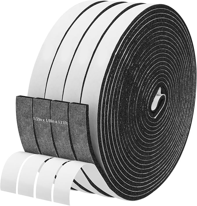 Storystore Foam Insulation Tape Self Adhesive, 1/2In x 1/8In x131Ft Weather Stripping for Doors and Windows, Sound Proof Soundproofing Door Seal, Weatherstrip, Air Conditioning Seal Strip