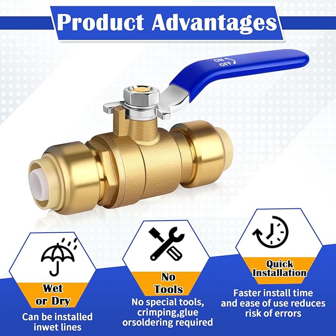 Push Fit Ball Valve, 2pcs 1/2 Inch x 1/2 Inch Push-to-Connect Water Shut Off Valve with 1 Disconnect Clip, Brass Plumbing Water Valve, Pex Push Ball Valve, Used for PEX or PVC Tubing or Copper Pipes