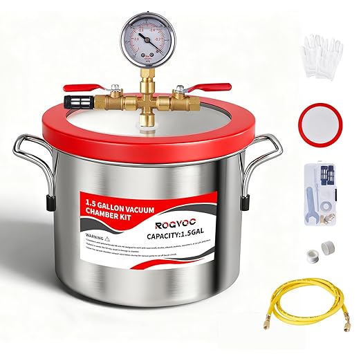 1.5 Gallon Vacuum Chamber, 201 Stainless Steel Degassing Chamber with Acrylic Lid and 4.9 ft Hose, for Resin, Silicone, Epoxy, Plaster Degassing and Wood Stabilization Projects