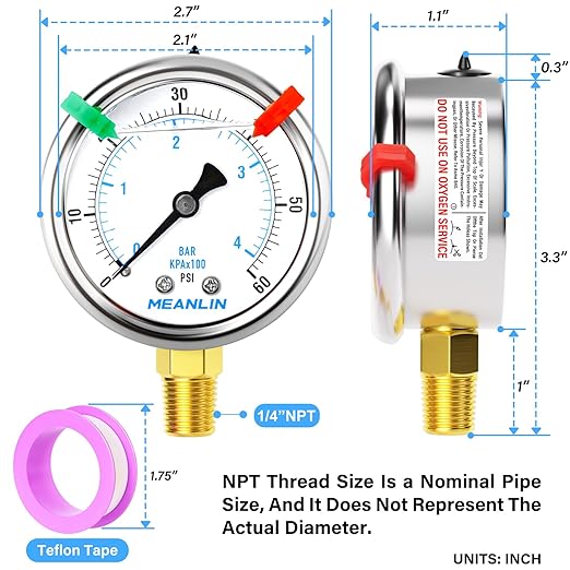 MEANLIN MEASURE 0~60Psi Liquid Filled Pressure Gauge 1/4" NPT 2.5" FACE DIAL Stainless Steel Glycerin Filled WOG Water Oil Air Lower Mount (with 2PCS Snaps)