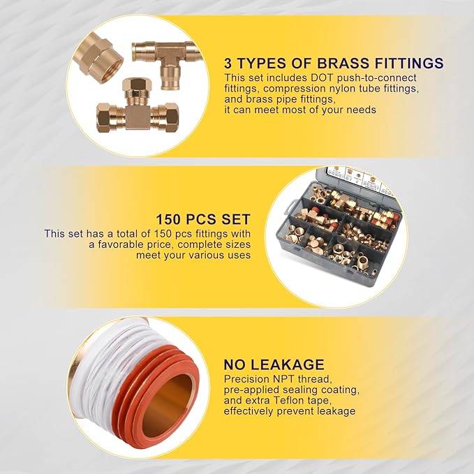 150Pcs Brass DOT Push-To-Connect Fittings & Compression Air Nylon Tubing Fittings Assortment Kits,1/4" 1/8" 3/8" 1/2" Air Brake Line Air Hose Fittings for Truck or Industrial Air System