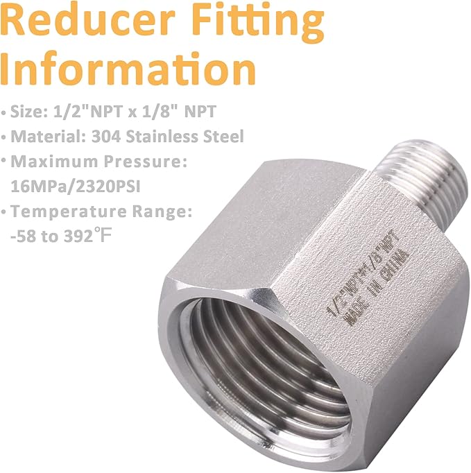 Forged Reducer Adapter Fitting - Stainless Steel 304 Reducing Pipe Connector, 1/2" NPT Female x 1/8" NPT Male (pack of 2)