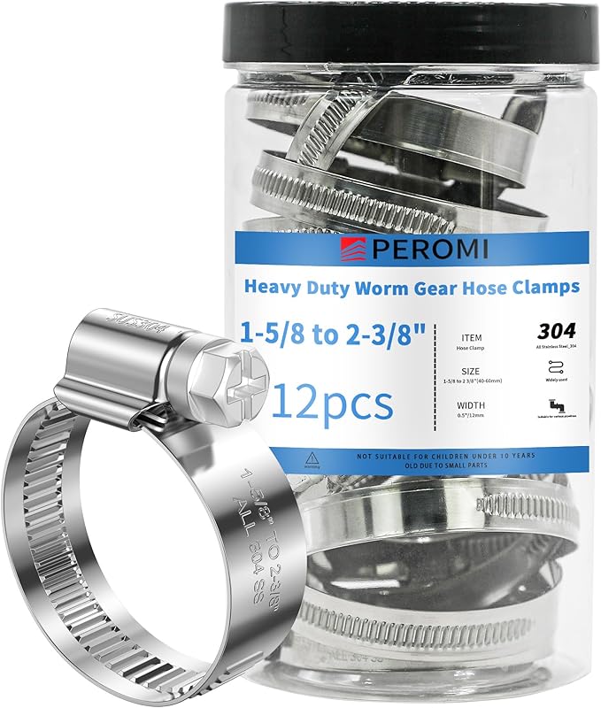 12PCS Heavy Duty Hose Clamps Stainless Steel 304,1-5/8" Hose Clamp to 2-3/8" Hose Clamp (40-60mm) Adjustable Worm Gear Drive Radiator Hose Clamps,Pipe Clamp for Plumbing, Garden, Car and Ships