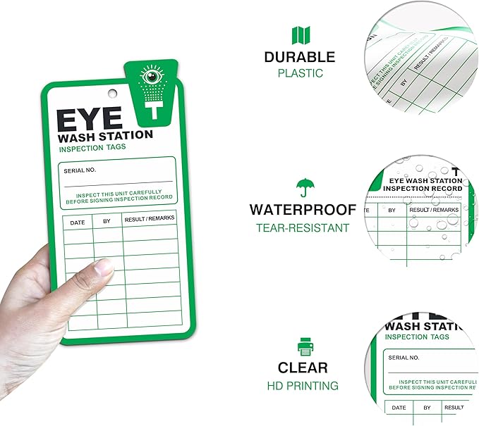 Eye Wash Station Inspection Tags - 50 Pack, Yearly Monthly Eyewash Inspection Station Tags, RP-Plastic, OSHA Approved, Waterproof