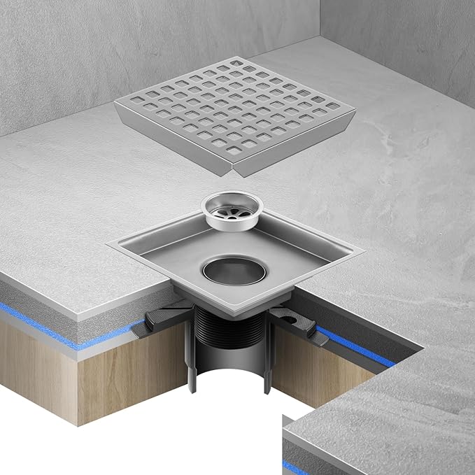 Shower Drain, Chrome 6 inch Square Shower Floor Drain with Flange, Silver Removeable Grid Panel SUS 304 Stainless Steel Square Shower Drain