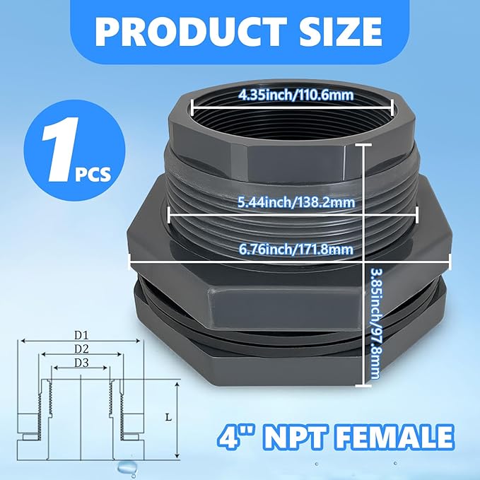 Bulkhead Fitting 4 Inch PVC - Heavy-Duty Plumbing Kit for Water Tank, Aquariums, Rain Barrels & Pools with Reinforced Seals