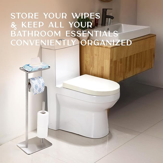 Day Moon™ Brushed Nickel Toilet Paper Holder Free Standing Toilet Paper Holder with Storage - Toilet Paper Stand and Tissue Holder for Bathroom - Toilet Paper Holder with Shelf and Wipe Holder