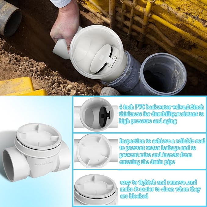 4" Backflow Preventer Vavle,4 Inch Backwater Check Valve, Drain Backflow Preventer Valve Prevents Sewage and Rainwater from Flowing Back