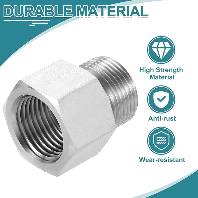 uxcell Pipe Fitting Reducing Adapter, M22 Male x G1/2" Female 304 Stainless Steel Reducer Connector for Water Oil Air Pressure Gauge, Silver