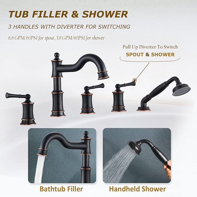 Roman Tub Faucet Set With Handheld Shower 5 Hole Deck Mount Tub Filler With Diverter, 3 Lever Handle Rough-in Valve and Water Supply Lines Included for Bathroom Tub, ORB