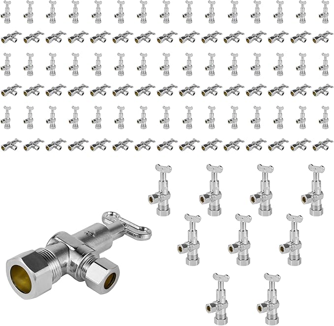 100-Pack Foskan 1/4 Turn Loose Key Angle Stop Valve,Compression Shut Off Valve 1/2" NOM (5/8" OD) x 3/8" OD,Chrome Plated Brass