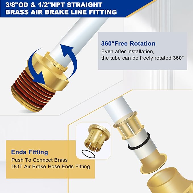 3/8" Brass Push to Connect DOT Air Brake Fittings, 3PCS Air Line Quick Connect Fittings 3/8" Tube OD x 1/2" NPT Connector Tube to Male Pipe for Truck Trailers Air Brake System