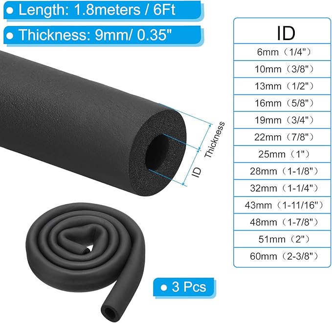 PATIKIL 7/8"(22mm) ID x 6Ft Pipe Insulation Foam Tube, 3Pcs Pipe Cover Wrap Roll Bar Padding Tubing for Handle Grip HVAC Outdoor Air Conditioner Units