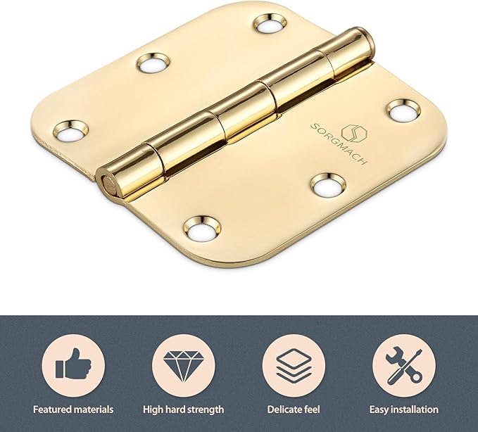 Door Hinges Polished Brass 3.5 Inch Interior Hinges 5/8" Radius Brushed Brass Door Hinges - 30 Pack
