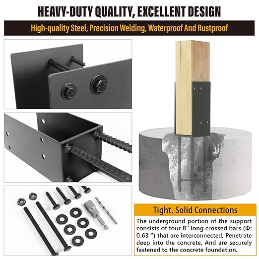 4"x4"(Actual 3.5"x3.5") Stainless Steels U-Shape Post Holder, Wet Concrete Post Anchor, Heavy-Duty Post Base Bracket for Fence, Deck Railing, Wood Gazebo, Pergola (2pack-Dark Gray)
