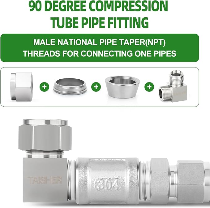 TAISHER 2PCS 304 Stainless Steel Square 90 Degree Compression Tube Pipe Fitting Connector, 3/8" Tube OD x 1/8" NPT Male Adapter