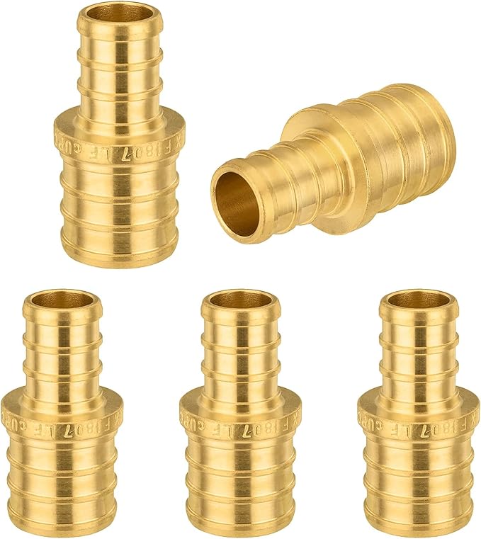 5-Pack Foskan 3/8" x 1/2" PEX Straight Reducing Coupling,Brass Crimp Fittings for PEX Tubing Pipe