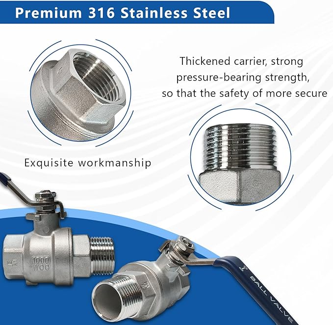 1/2" 316 Stainless Steel Ball Valve Female to Male, 2-Piece Full Port NPT Threaded, 1000 WOG, High Pressure Corrosion Resistant Shut Off Valve for Water/Oil/Gas, Industrial Plumbing Valve (2-Pack)