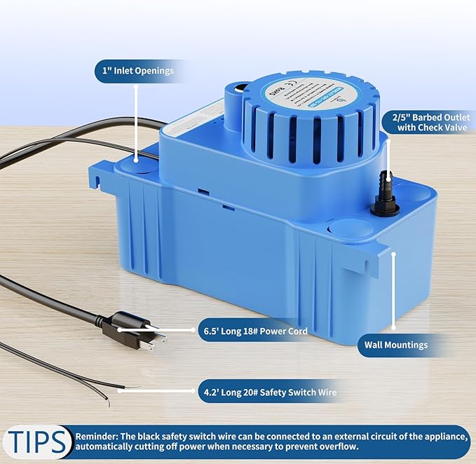 ZLR Condensate Pump for HVAC - 230V 90GPH 1/30HP Automatic Condensate Removal Pump with Safety Switch, Indicator Light and Cleaning Button - Condensation Pump for Air Conditioner, Dehumidifier