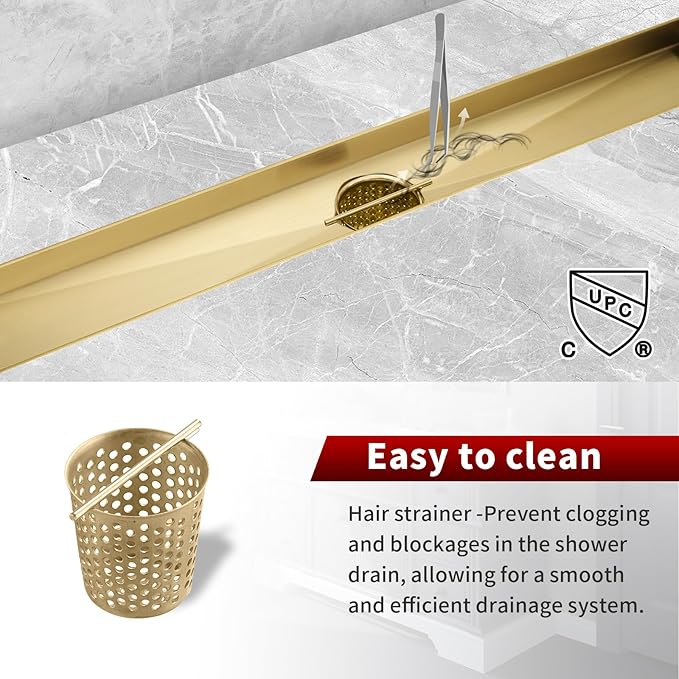 Sharp-tec 28 inch Linear Shower Drain, Gold Rectangular Floor Drain, V-Shape Design Drain Channel, 304 Stainless Steel, cUPC Certificated for Bathroom Shower Room (Drain Base is Not Included)