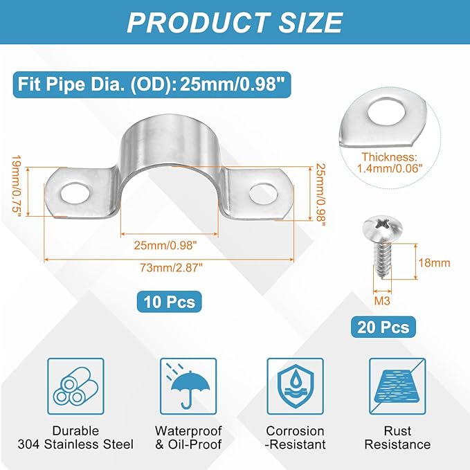 uxcell 10Pcs 25mm(1") Two Hole Rigid Pipe Strap, 304 Stainless Steel Conduit Clamp Thicken U Bracket Heavy Duty Pipe Clamp with Self-Tapping Screws for Fixing Tube Cable, Silver