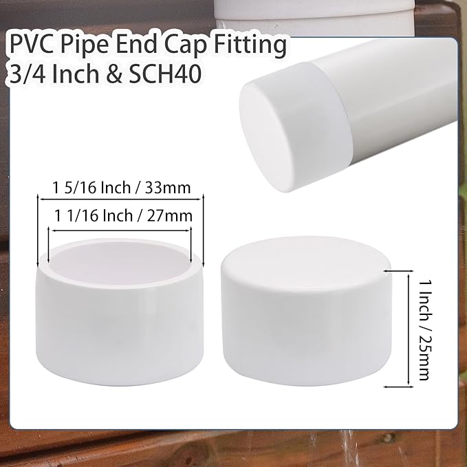 24 Pack 3/4 Inch PVC Cap, SCH40 PVC Pipe End Cap Fitting Furniture Grade PVC Pipe End Cap Plug Adapter, White PVC Pipe Plug Socket Fittings for Build PVC Furniture DIY Garden Shelf