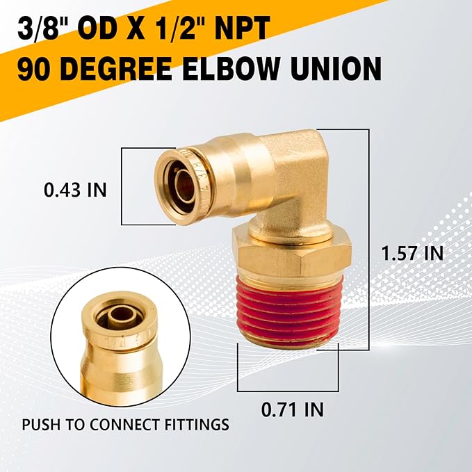 3/8" 90 Degree Elbow Union Brass DOT Push to Connect Air Line Fittings, 3/8" OD Tube x 1/2" NPT Air Brake Line Quick Fitting Connectors for Truck Trailers or Industry Air System(2PCS)